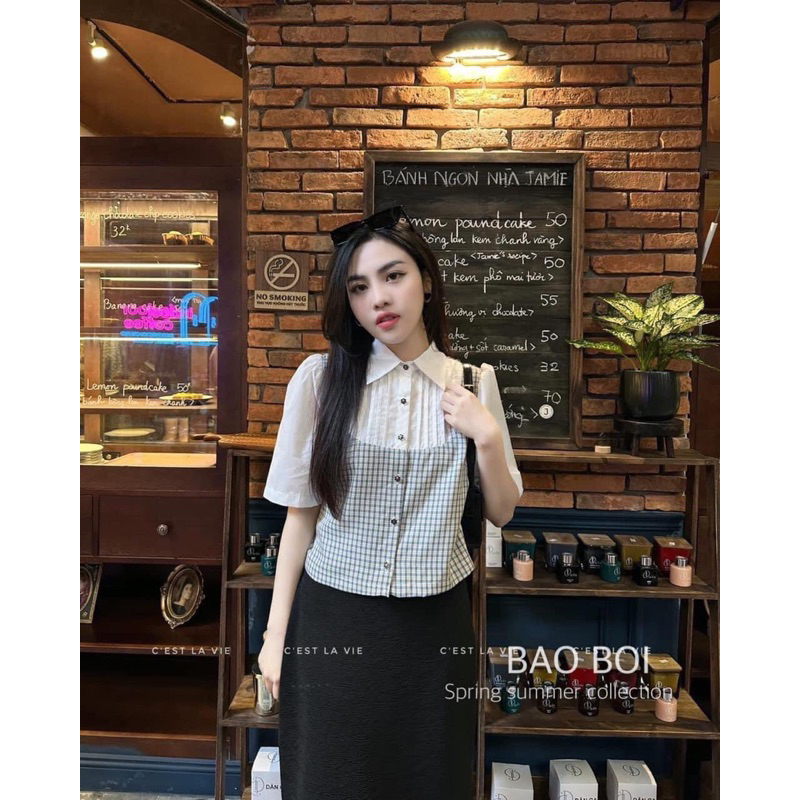 Sơ Mi Ngắn Tay Dập Li Phối Caro Công Sở - Hàng Loại Đẹp