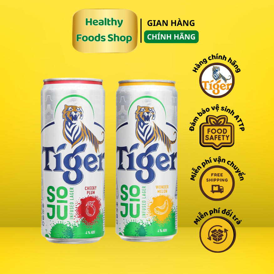 Bia Tiger Soju Infused Lager vị Mận & vị Dưa Lưới lon 330ml - Tiger beer soju Wonder Melon & Cheeky Plum 330ml