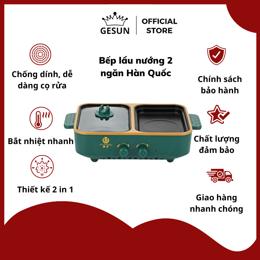 Bếp lẩu nướng 2 ngăn Hàn Quốc, Nồi lẩu 2 in 1 siêu chống dính đa năng_Bảo hành chính hãng 12 tháng