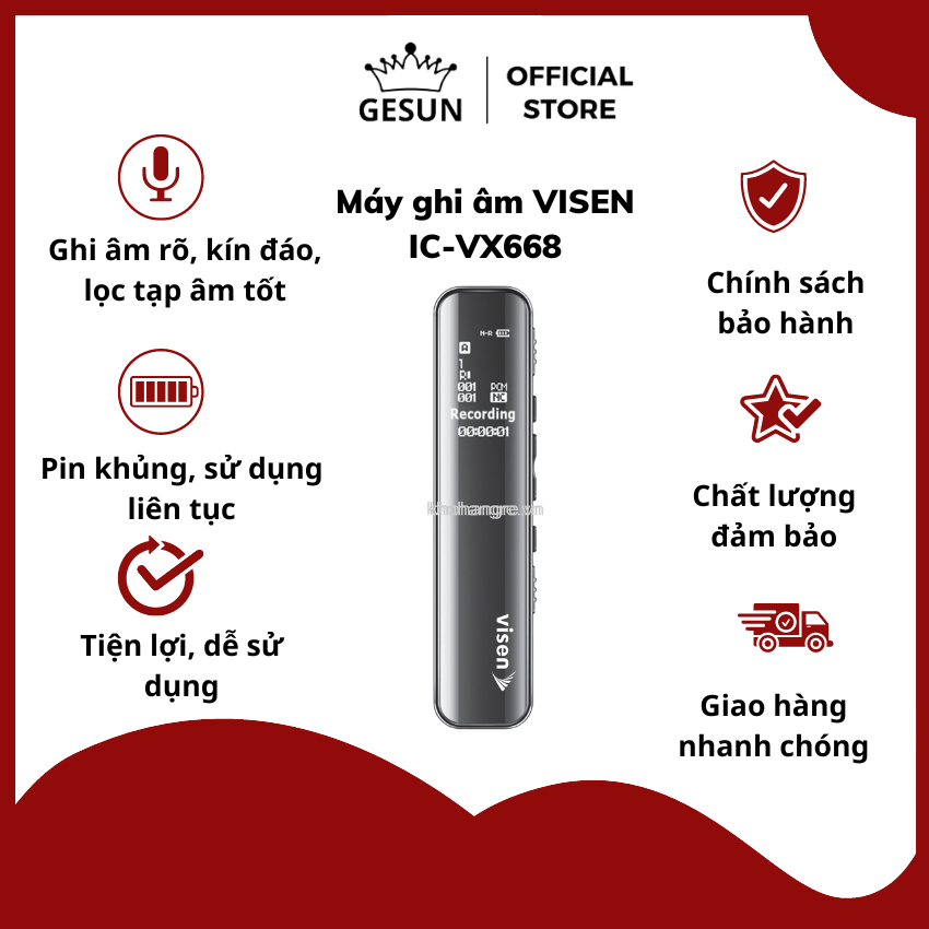 Máy ghi âm mini VISEN IC-VX668 - Bộ nhớ 8 - 16GB - Bảo hành 12 tháng, Loa to rõ ràng, sạc pin nhanh, dễ dàng sử dụng