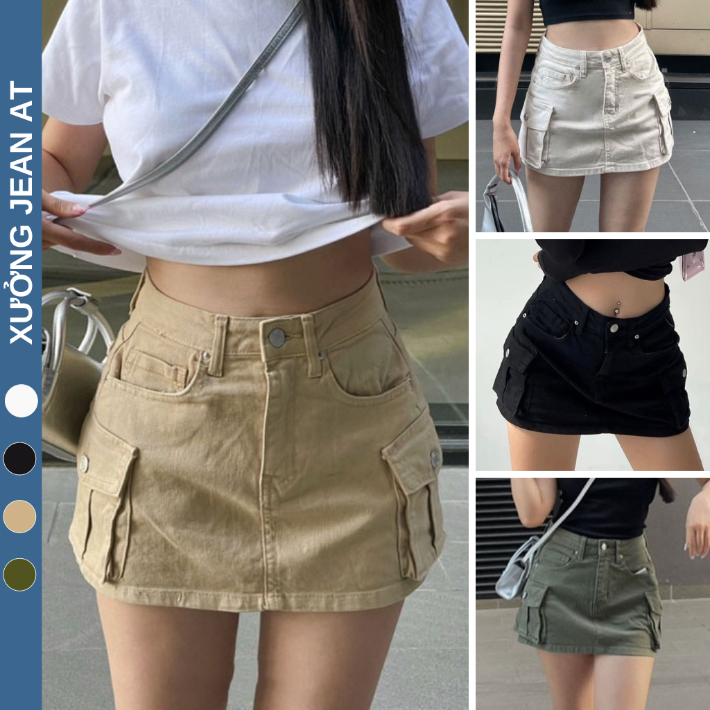 Chân Váy Ngắn Túi Hộp Chất Kaki Jean Mềm Mịn, Chân Váy Bò Chữ A Lưng Cao Dáng Ngắn Có Lót Quần Trong Siêu Hot 566 564