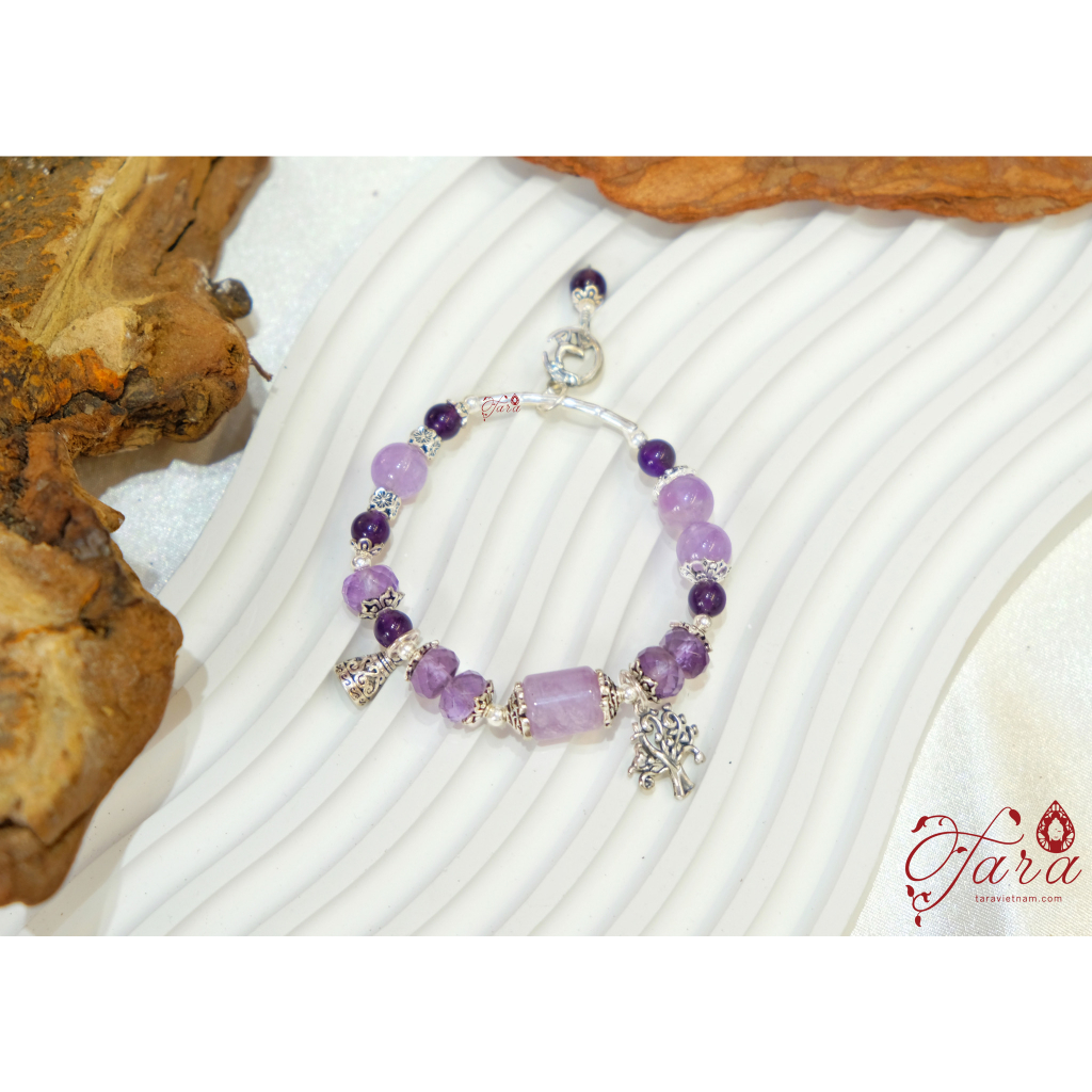 Vòng tay đá Thạch Anh Tím lung linh huyền bí mix charm bạc cao cấp bình an, may mắn