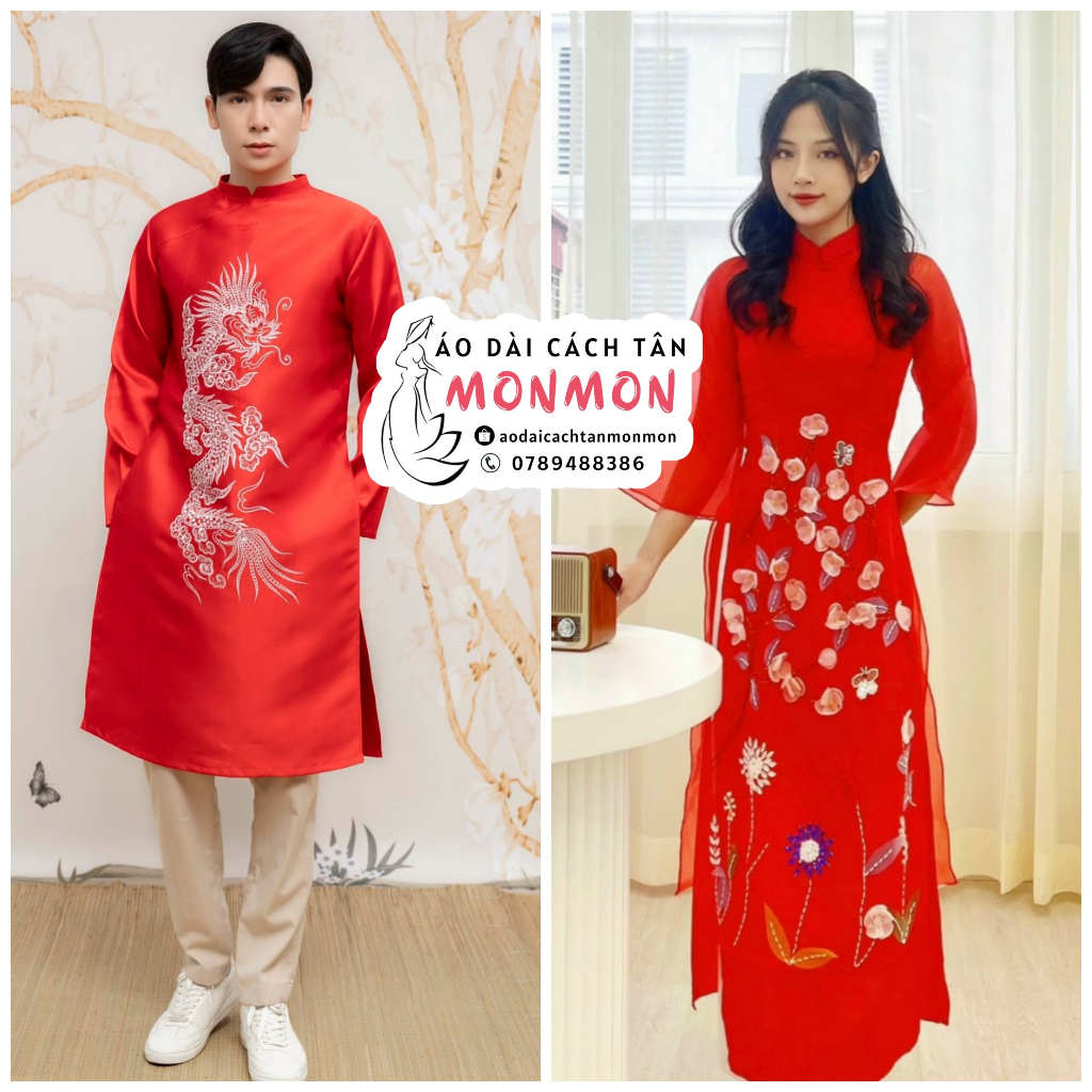 Áo dài đôi nam nữ TÌNH NHÂN áo dài đôi cách tân nam nữ, áo dài cách tân nam nữ, áo dài tết màu đỏ áo dài cặp áo dài cưới