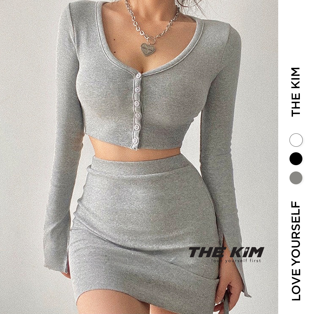 Set váy body thun len tăm TheKim - Bộ 2 món áo croptop dài tay cúc ngực - chân váy ngắn cạp cao SV127