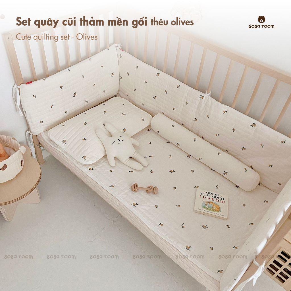 Quây cũi thảm mền gối, thêu olives, trần bông hữu cơ cho bé