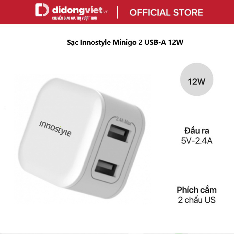 Sạc nhanh Innostyle 12W Minigo 2 USB-A, bảo hành 24 tháng