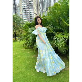 Maxi suông hoa trễ vai xanh mùa Hè cực xinh (du lịch biển siêu xinh)