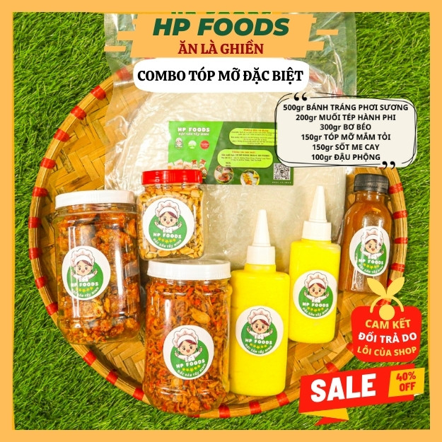 COMBO Bánh tráng phơi sương Tóp mỡ, 500gr bánh tráng phơi sương, 400gr Muối tép hành phi - 300gr Bơ béo - 150gr Sốt tắc