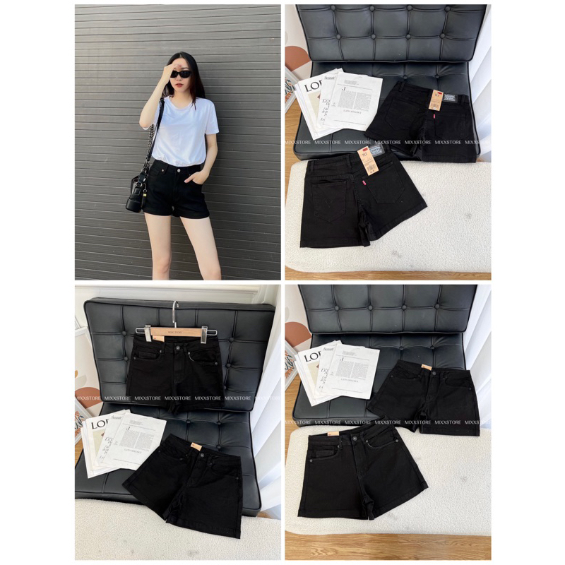 Quần Short Jean nữ HM lưng cao lật lai chất jean dày dặn co giãn thoải mái phom xinh