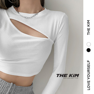 Áo croptop dài tay khoét ngực chéo TheKim, áo thun len tăm cổ tròn thu đông ôm sát body AD120