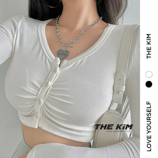 Áo croptop dài tay nhún ly cúc ngực TheKim, thun tăm dáng ngắn cho nữ cổ tròn ôm body AD125