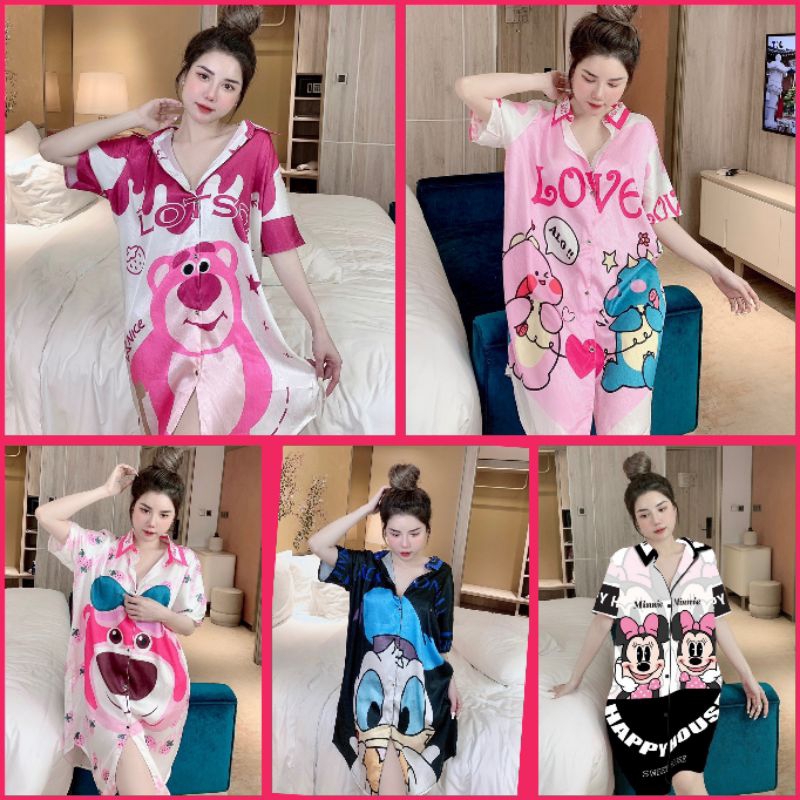Đầm ngủ Doremon chất Lụa xước form rộng cổ sơ mi in nhân vật hoạt hình 5D