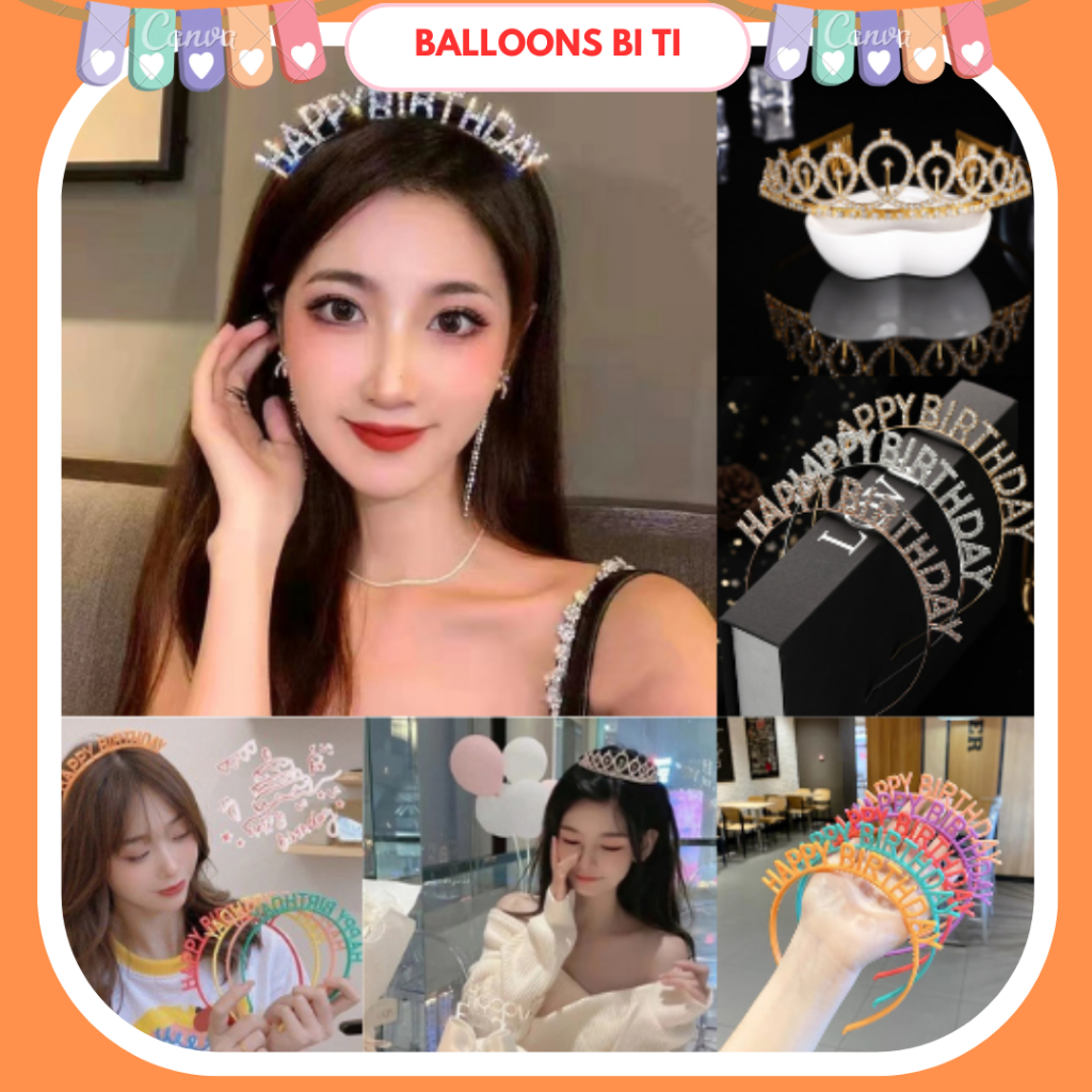 Bờm băng đô vương miện cài tóc Happy birthday, Bờm tóc sinh nhật đính đá sang trọng.