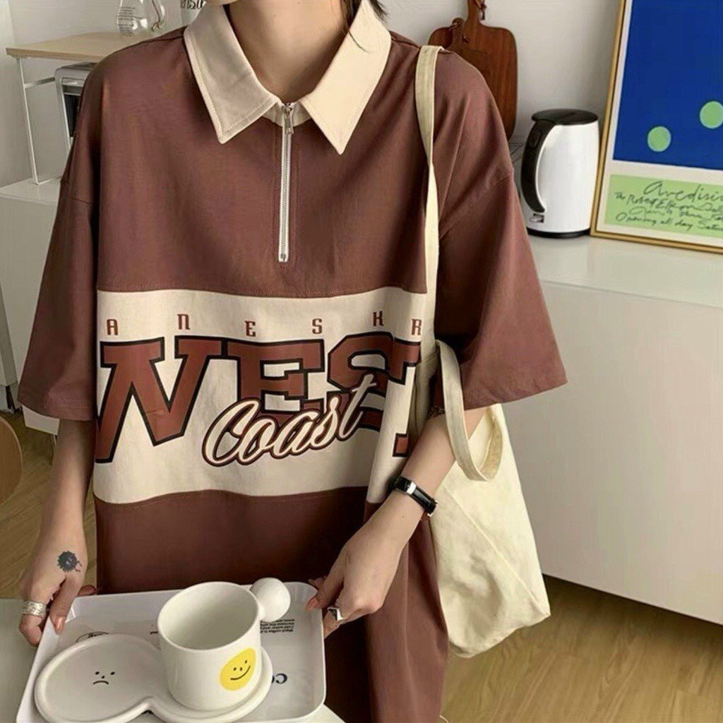 Áo thun Polo Nam Nữ khóa kéo West , chất cotton co giãn Form rộng Unisex từ 40-65kg