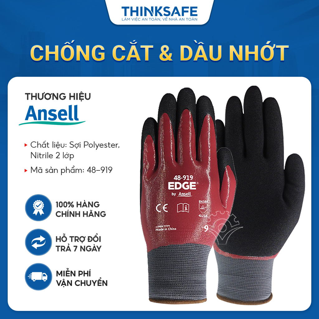 Găng tay chống dầu nhớt Ansell 48-919 chống cắt, phủ cao su, thao tác dễ dàng, đa dụng - THINKSAFE