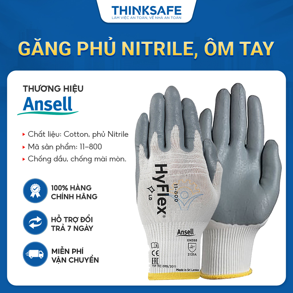 Găng tay đa dụng Hyflex 11-800 phủ Nitrile, ôm khít tay, chống dầu mỡ, thao tác cơ khí dụng cụ đa năng - THINKSAFE