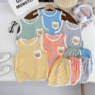 [Bé 7-19kg] Bộ ba lỗ sọc dệt túi thêu GẤU mềm mịn mát cho bé trai bé gái [ LOẠI ĐẸP ]