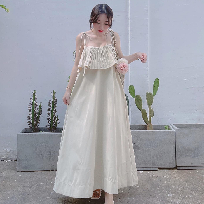 Đầm Maxi phối dập ly xòe dáng dài siêu hot hit dành nàng thơ đi chơi, du lịch, đi biển kiểu dáng basic sang chảnh