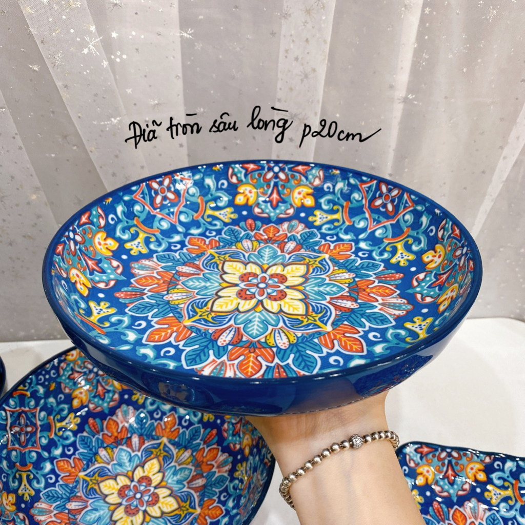 Bộ bát đĩa sứ Decor, Bộ chén đĩa sứ, Bát ăn cơm, Sét thổ cẩm xanh dương BOHEMIAN cao cấp 14 món