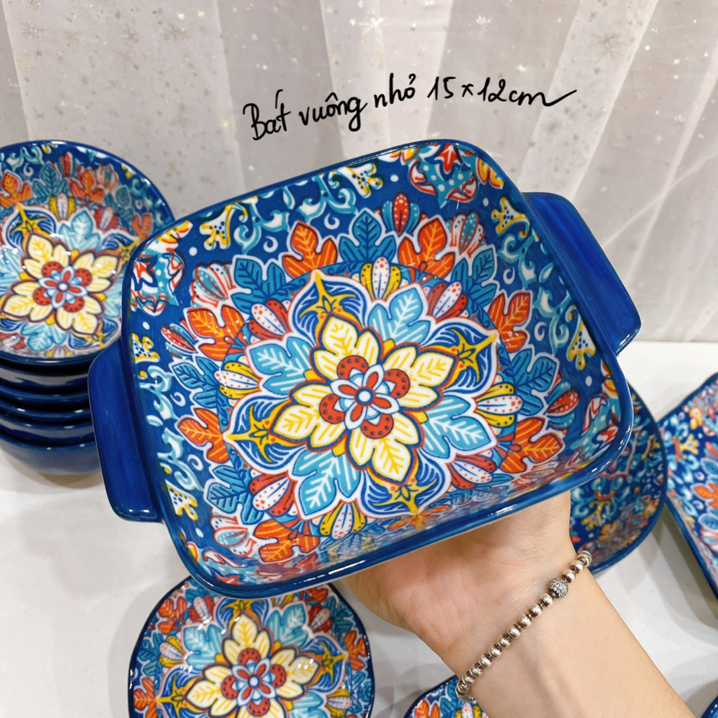 Bộ bát đĩa sứ Decor, Bộ chén đĩa sứ, Bát ăn cơm, Sét thổ cẩm xanh dương BOHEMIAN cao cấp 14 món