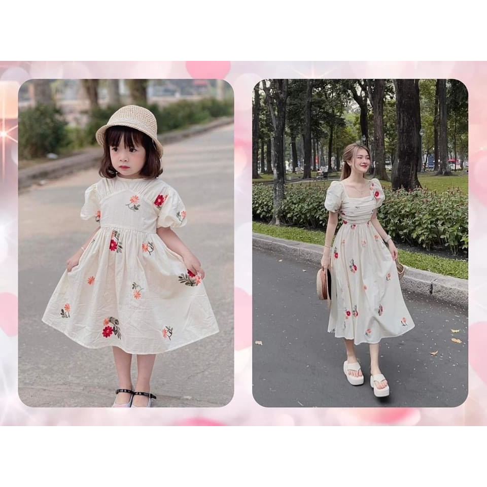 Đầm đôi mẹ bé thêu hoa full size 10 - 65kg hàng thiết kế 2 lớp