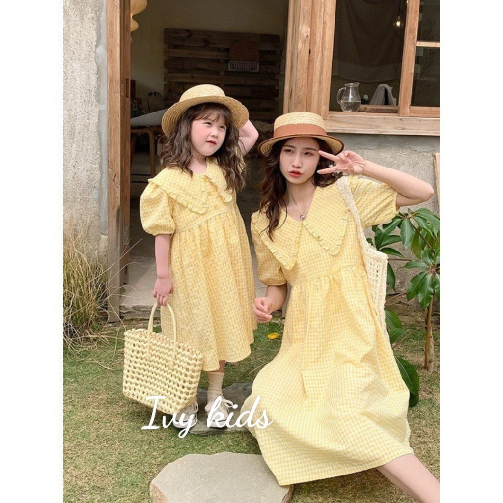 Đầm babydoll caro mẹ và bé gái cổ bèo full size 10 - 65kg