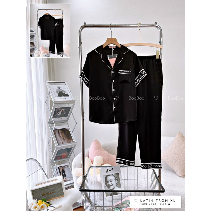Đồ bộ nữ pijama BIGSIZE 58-73kg lụa latin hoạ tiết trơn màu đen siêu đẹp Boo Boo