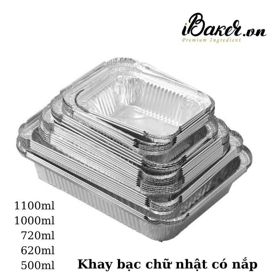 (Set 5) Khay bạc hình chữ nhật NẮP TRONG SUỐT 500ml/ 620ml/ 720ml/ 1000ml/ 1100ml