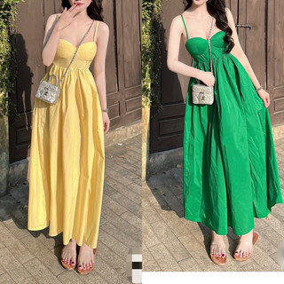 (Hình thật) Váy maxi 2 dây cup ngực dáng dài 3 màu xanh vàng đen mịn mát