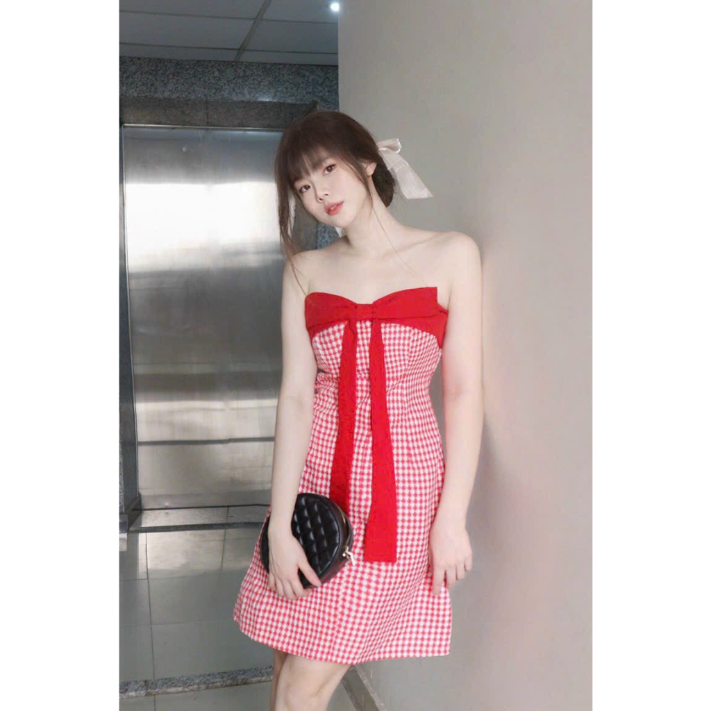 ĐẦM CARO CÚP NGỰC PHỐI NƠ ĐỎ - Hình Shop Chụp Thật