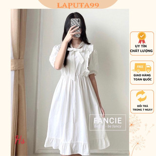 Váy nữ vai bèo cộc tay buộc nơ đầm nữ váy trắng chất đũi dáng xòe bánh bèo xinh xắn freesize laputa99