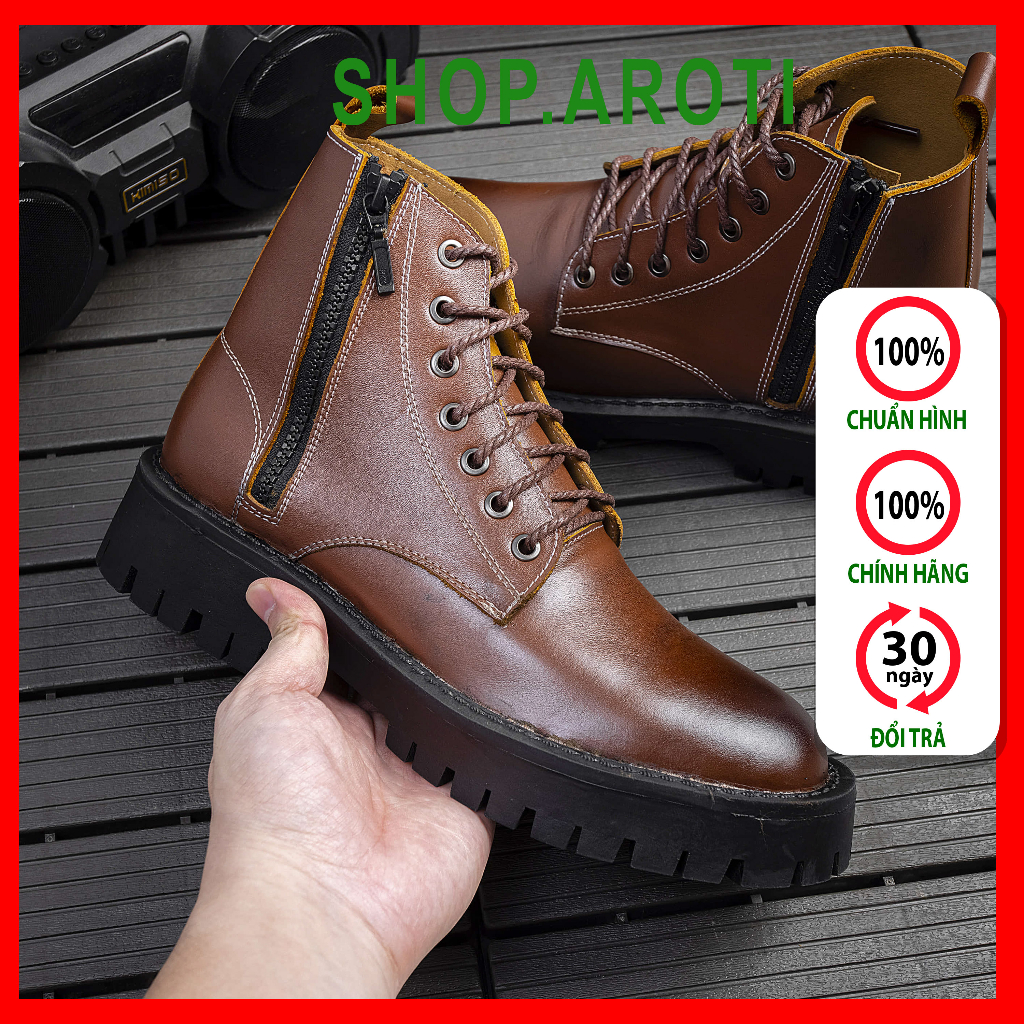 Giày Da Nam AROTI Combat Boots Zip Cao Cổ Chất Da Bò Đẹp Tăng Chiều Cao 5cm G610-N-shop.aroti