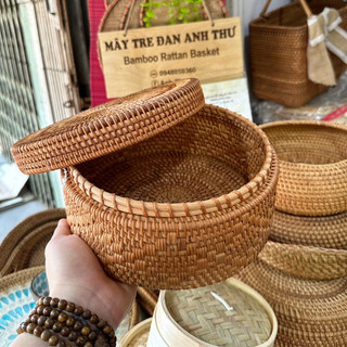 Hộp mây tròn, hộp mây tròn có nắp đan viền xung quanh, hộp mây tròn đựng đồ shop mây tre đan Anh thư