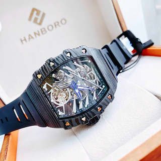 Đồng hồ nam hanboro automatic carbon black tone , dây cao su , size 41x50mm fullbox