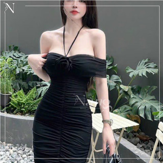 (Hàng chọn) Váy body dây cổ chéo trễ vai, đính hoa trng trí ngực, váy rút nhún gợi cảm, quyến rũ