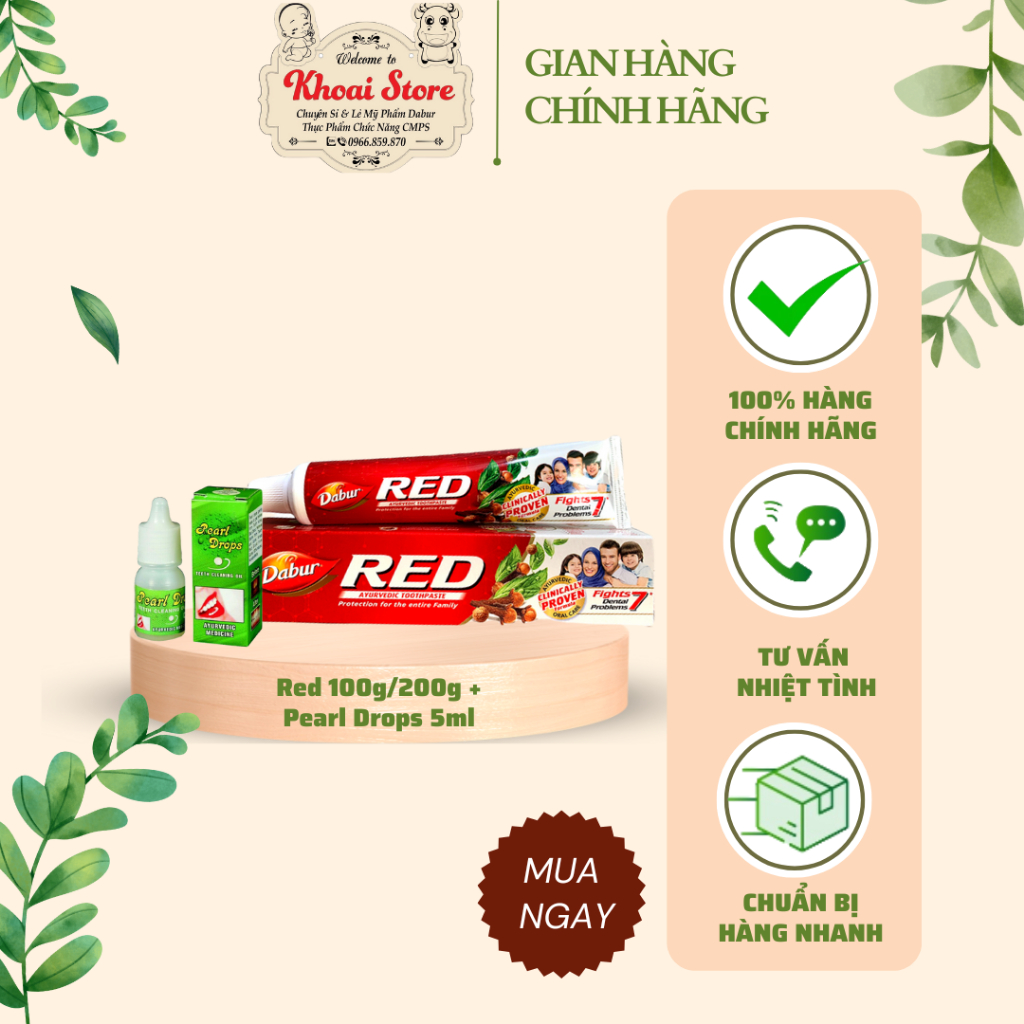 Bộ đôi kem đánh răng Dabur Red 100g/200g và tinh dầu trắng răng Pearl Drops 5ml