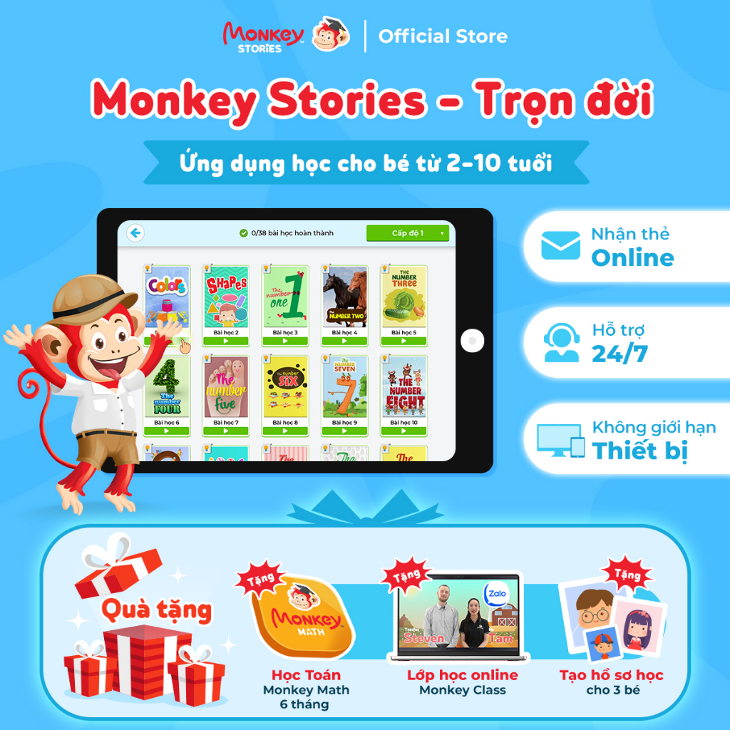 Bộ 2 Phần Mềm Dạy Trẻ Tiếng Anh Toàn Diện cho bé - Ứng dụng Monkey Junior & Monkey Stories  - Gói Trọn Đời