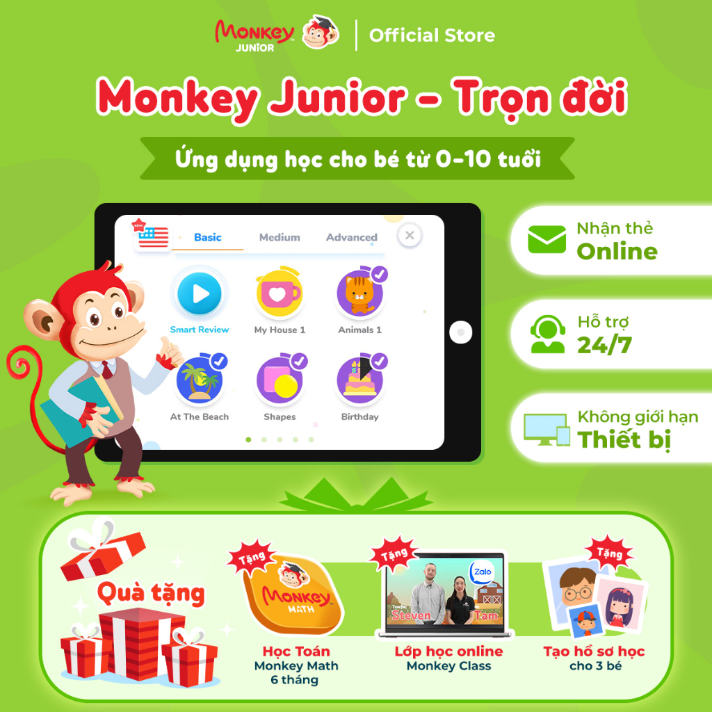 Ứng dụng Tiếng Anh cho trẻ mới bắt đầu (0-10 tuổi) - Gói Monkey Junior trọn đời - phần mềm học tiếng anh