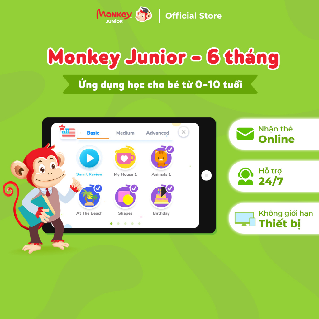 Ứng dụng Tiếng Anh số 1 cho trẻ mới bắt đầu (0-10 tuổi) - Gói Monkey Junior 6 tháng Phần mềm học tiếng anh