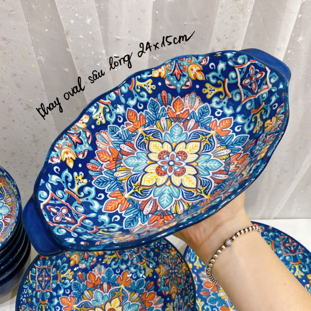 Bộ bát đĩa sứ Decor, Bộ chén đĩa sứ, Bát ăn cơm, Sét thổ cẩm xanh dương BOHEMIAN cao cấp 14 món