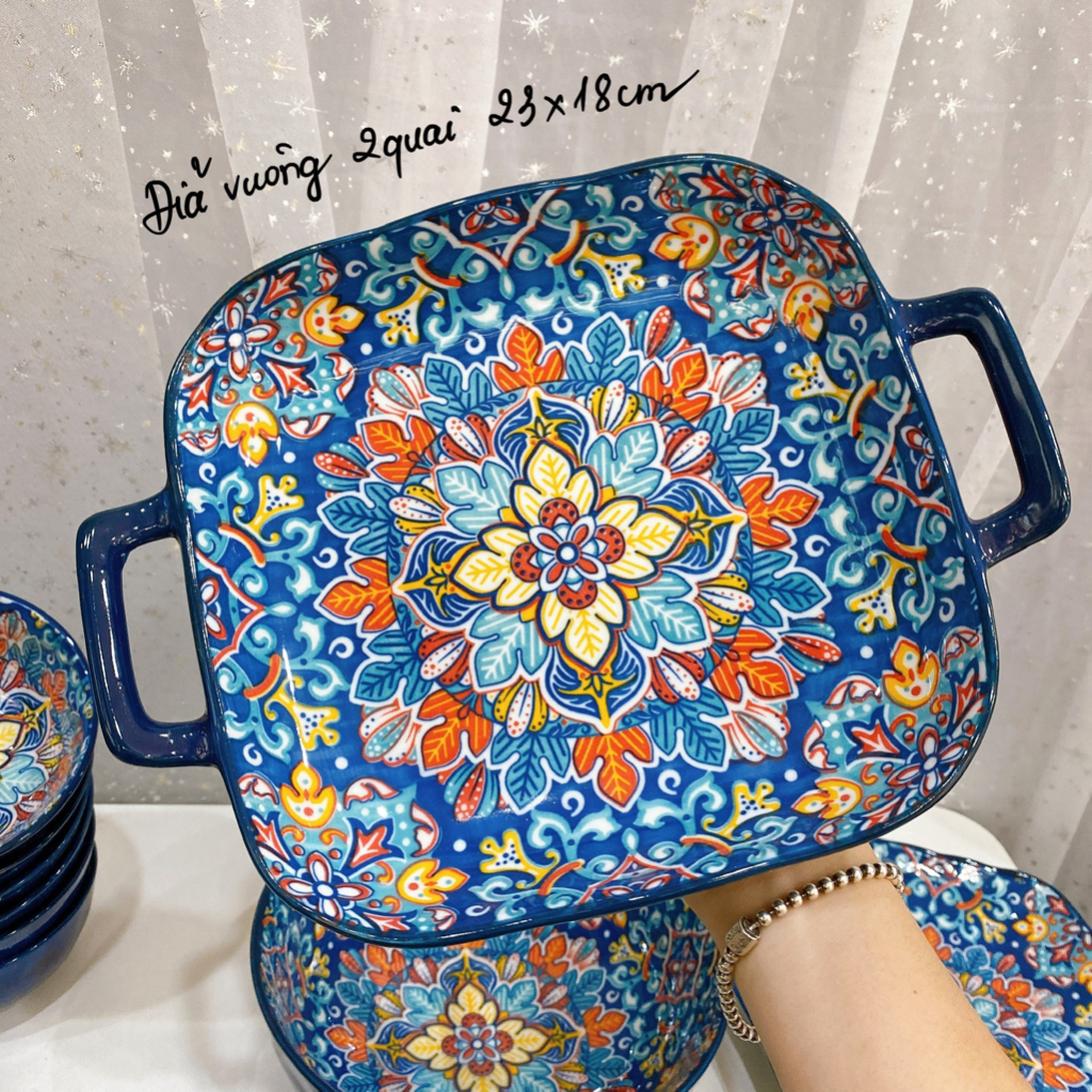 Bộ bát đĩa sứ Decor, Bộ chén đĩa sứ, Bát ăn cơm, Sét thổ cẩm xanh dương BOHEMIAN cao cấp 14 món