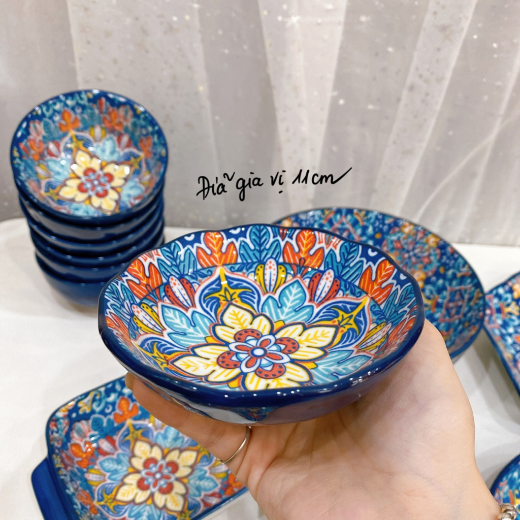 Bộ bát đĩa sứ Decor, Bộ chén đĩa sứ, Bát ăn cơm, Sét thổ cẩm xanh dương BOHEMIAN cao cấp 14 món