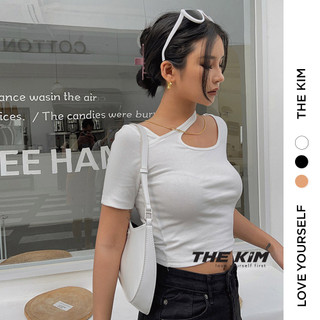 Áo thun croptop ngắn tay chất cotton phối dây chéo cổ , áo phông basic The Kim A110