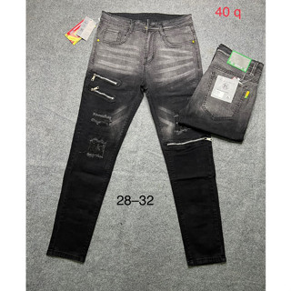 quần jean nam dài đen rách vá gối thỏ phối khóa kéo kiểu đẹp mẫu mới chất jean co giãn tốt