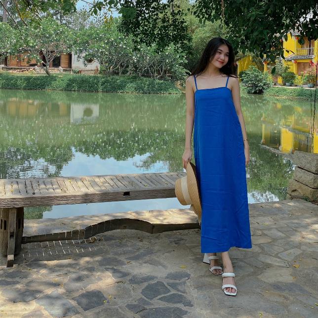 Đầm hai dây form A dáng dài đầm maxi linen đi biển dễ thương, nữ tính thời trang linen Hoa Đô màu xanh cocban HD3046