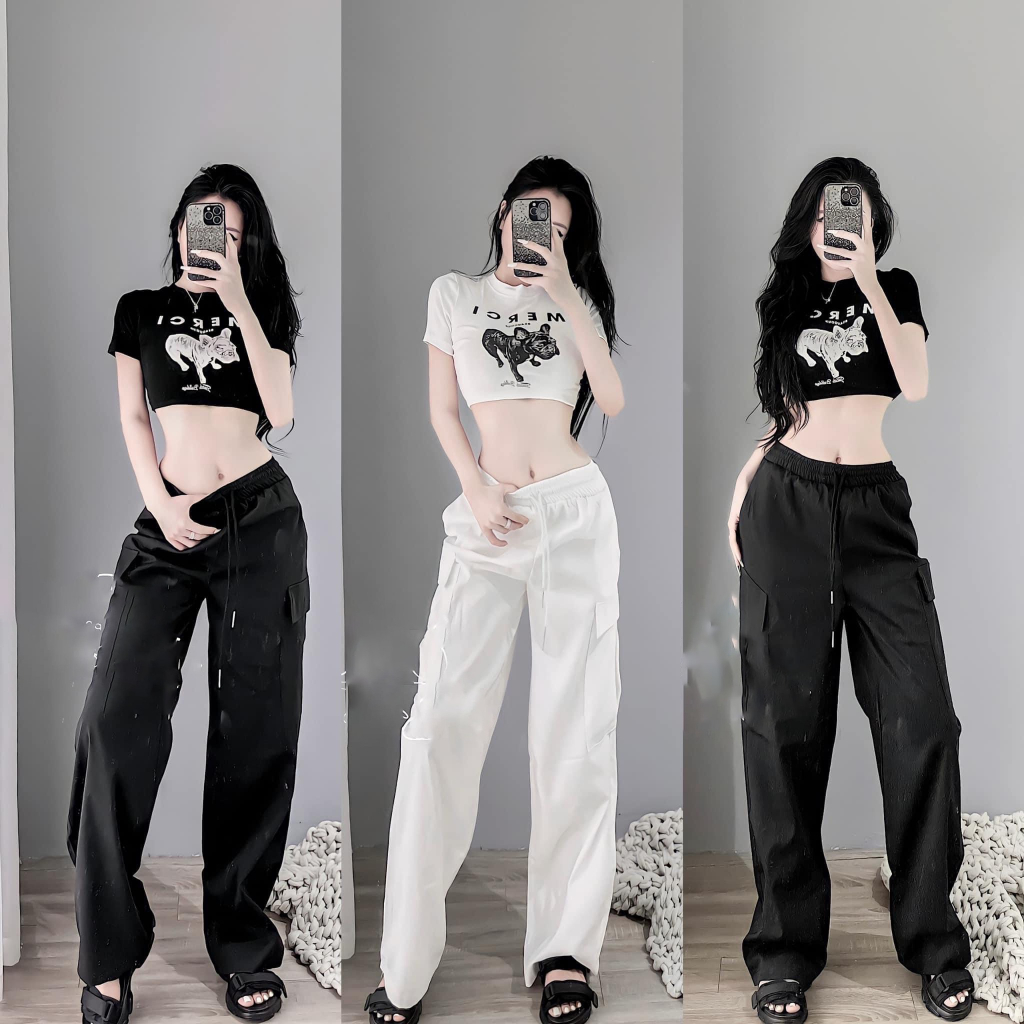 Set áo cún croptop mix quần ống rộng chất tuyết mưa hai màu thời trang cho nữ