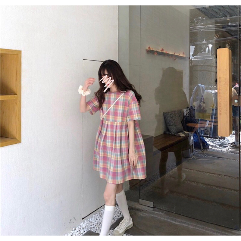 Pass babydoll hồng caro kẻ 2hand thanh lý