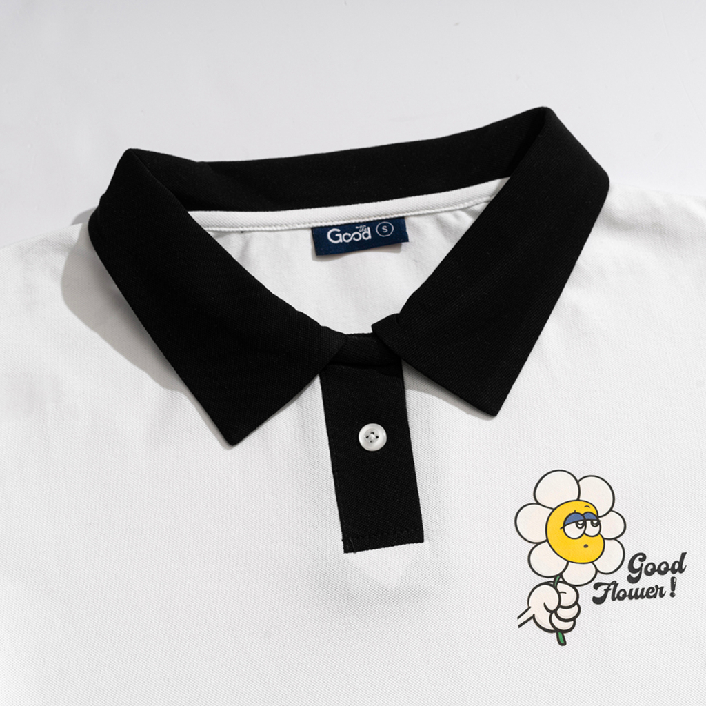 Áo Polo THE GOOD "Good Flower", Áo Baby Tee Có Cổ Đen Trắng Form Ôm