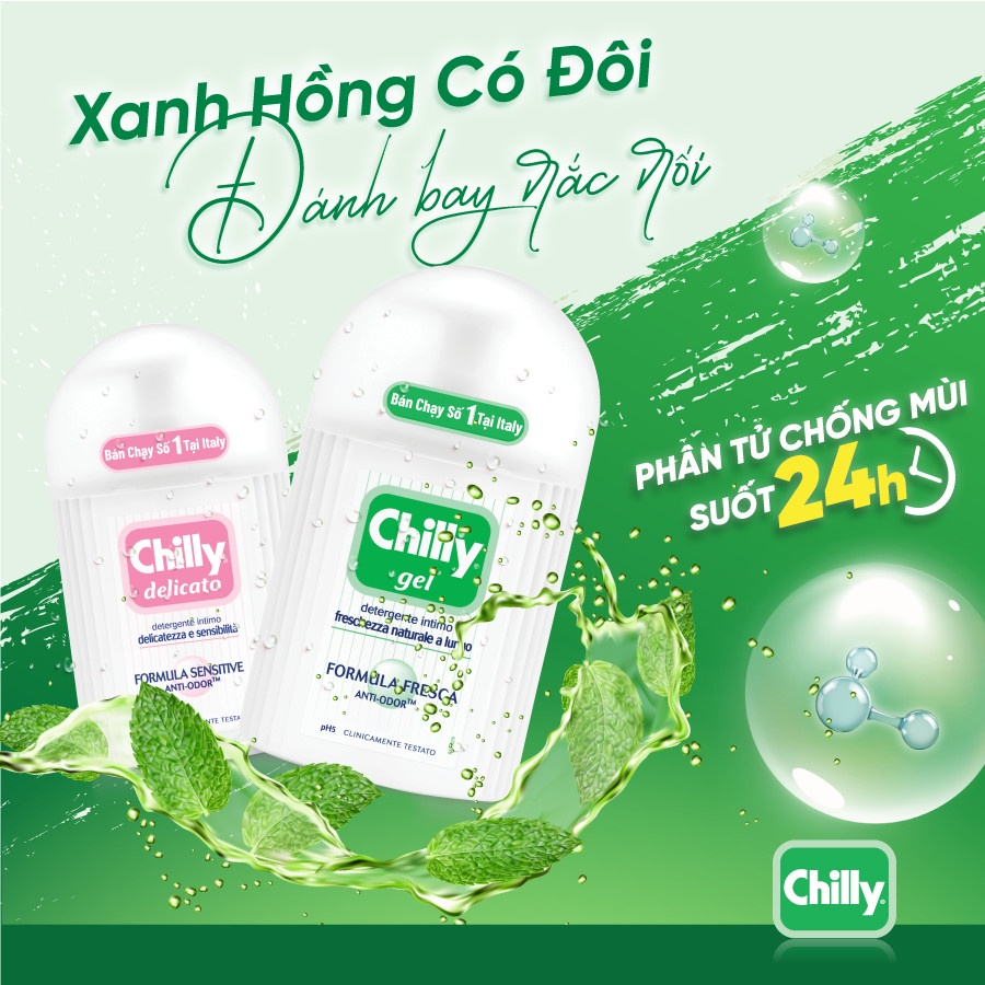 Combo 2 Dung dịch vệ sinh phụ nữ Chilly Gel 50ml + Delicato 50ml dưỡng ẩm, bạc hà se se lạnh chống mùi suốt 24h