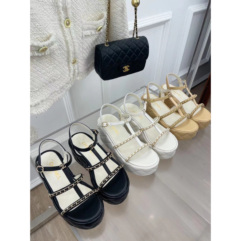 Sandal đế xuồng da thật thời trang cao cấp Channel CN thiết kế họa tiết hình thoi cổ điển- Hàng QC fullbox